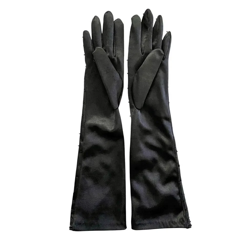 Vintage Beaded Black Satin Upper Forearm Long Formal Evening Gloves Size S/M